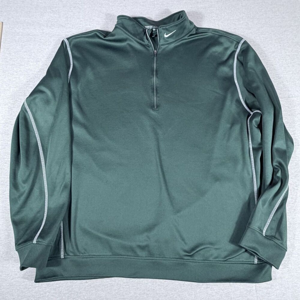 NIKE Men Dark Green Quarter 1/4 Zip Gray Stripe Golf Therma Fit XL Outdoor